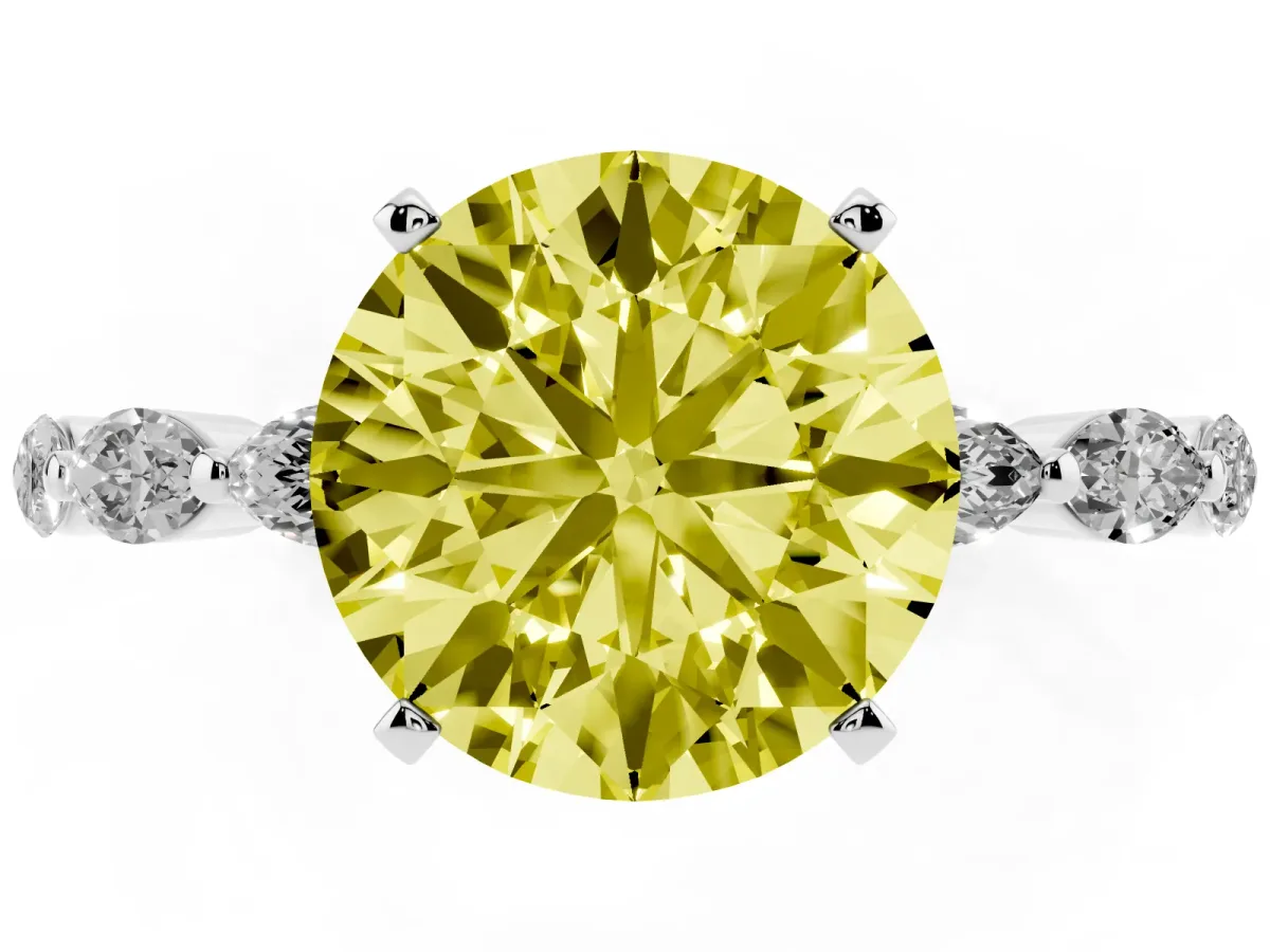 Fancy Yellow Round Cut Diamond Ring with Marquise Side Stones and Prong Setting Silver