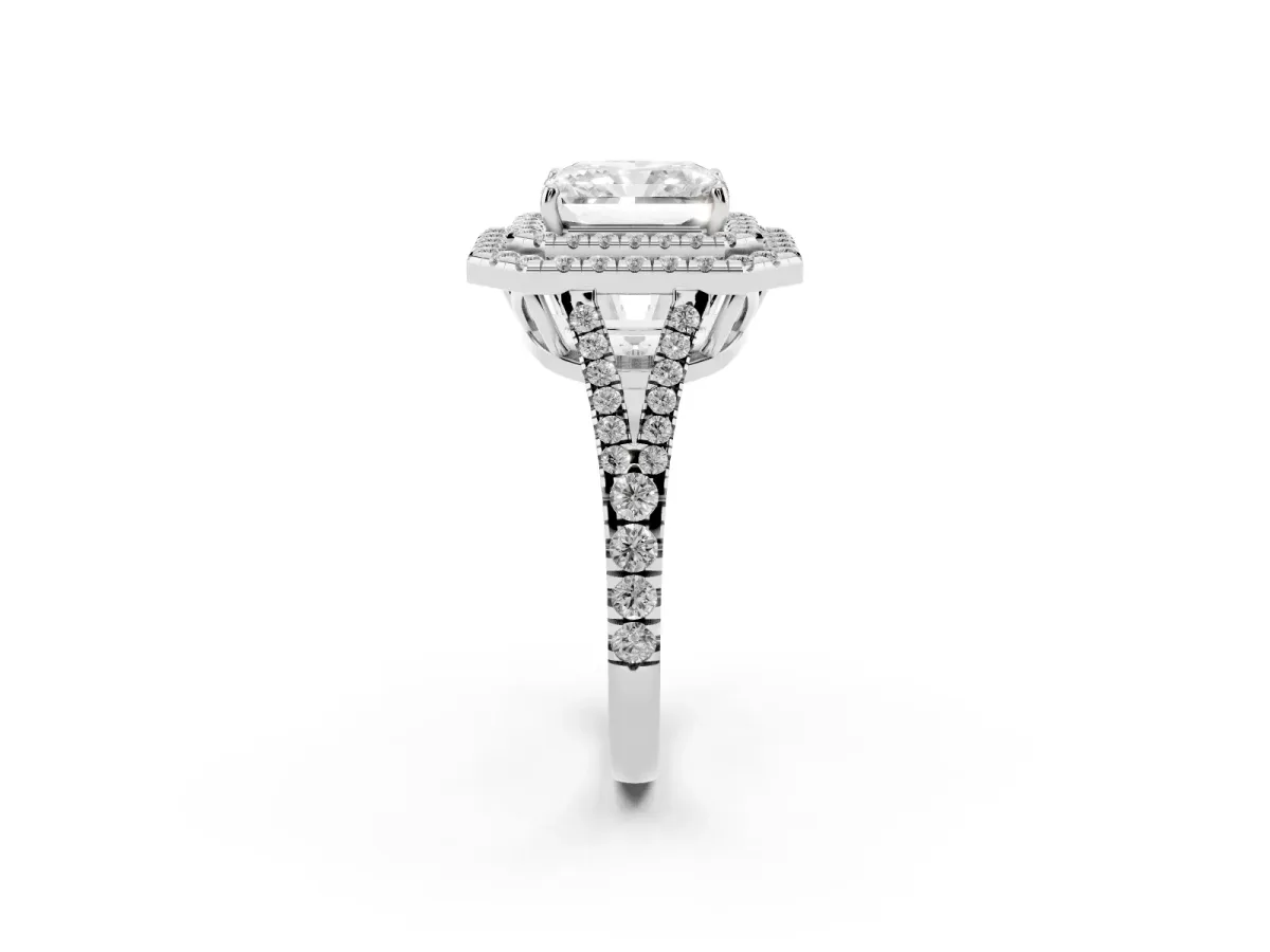 Radiant Cut Diamond Double Halo Ring with Pavé Band and Prong Setting Silver