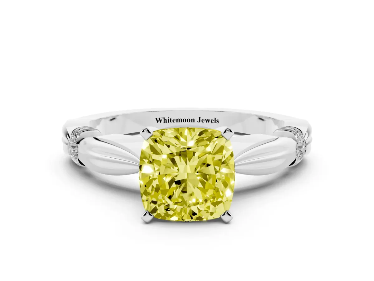 Fancy Yellow Cushion Cut Solitaire Diamond Twisted Band with Four-Prong Setting Silver