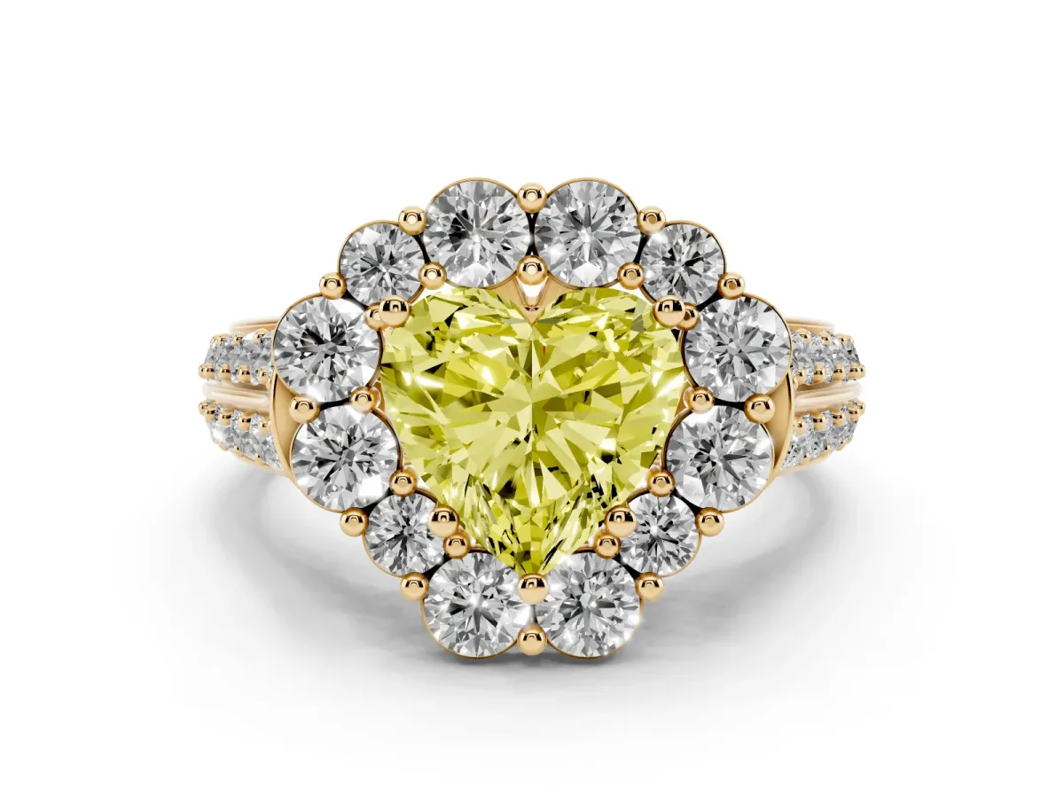 Fancy Yellow Heart Cut Halo Diamond Engagement Ring with Split Shank and Prong Setting Yellow gold