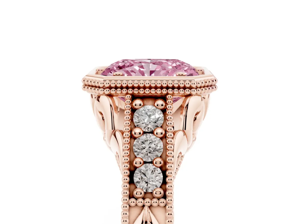 Fancy Pink Bezel Set Radiant Cut Diamond Milgrain Pave Engagement Ring Rose gold