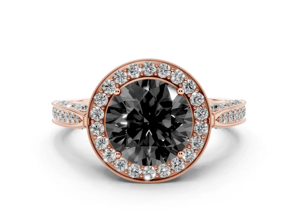 Fancy Black Round Cut Halo Diamond Engagement Ring with Split Shank Band and Four-Prong Setting Rose gold