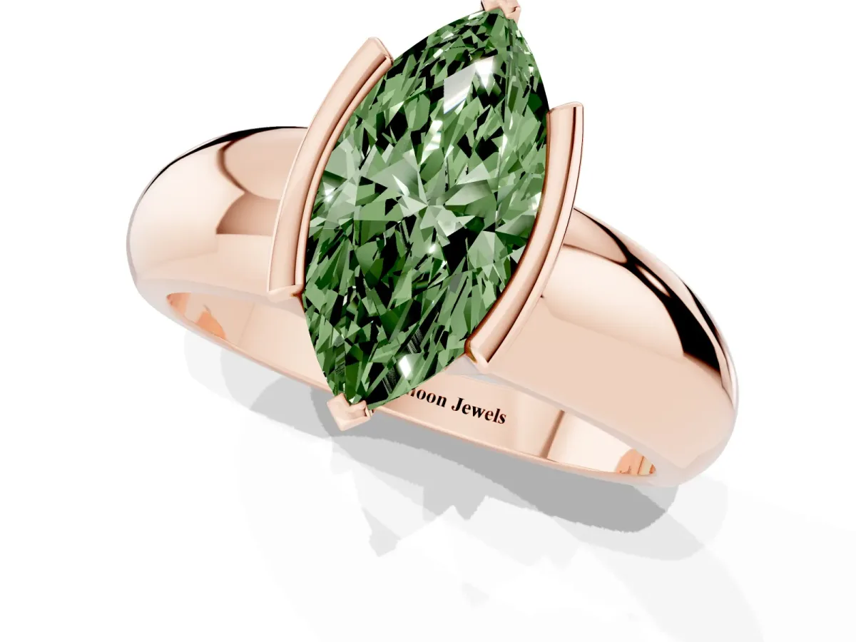 Fancy Green Marquise Cut Solitaire Tension Set Diamond Ring with Wide Band Rose gold