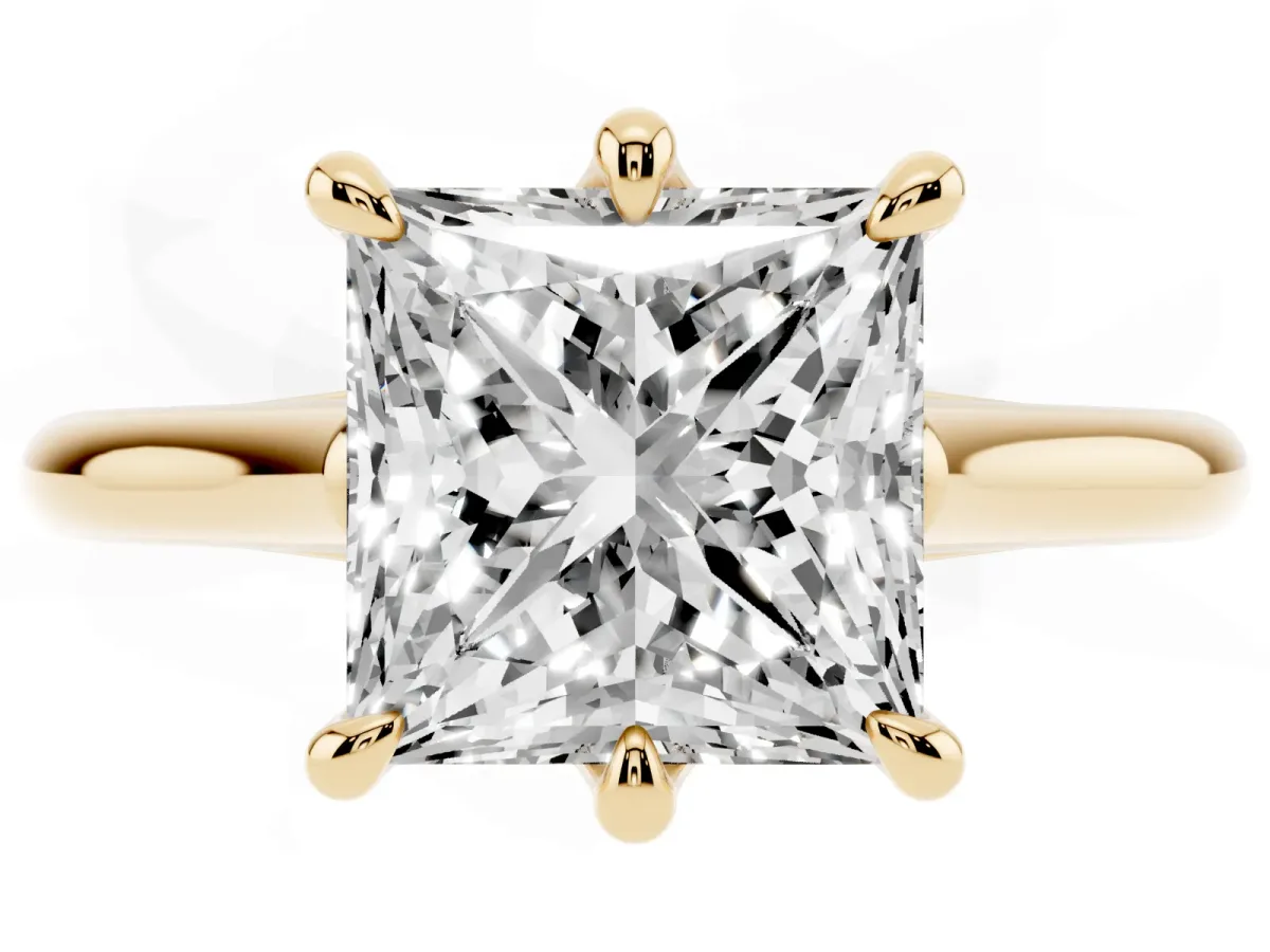 Princess Cut Solitaire Engagement Ring with Six-Prong Setting and Classic Band Yellow gold