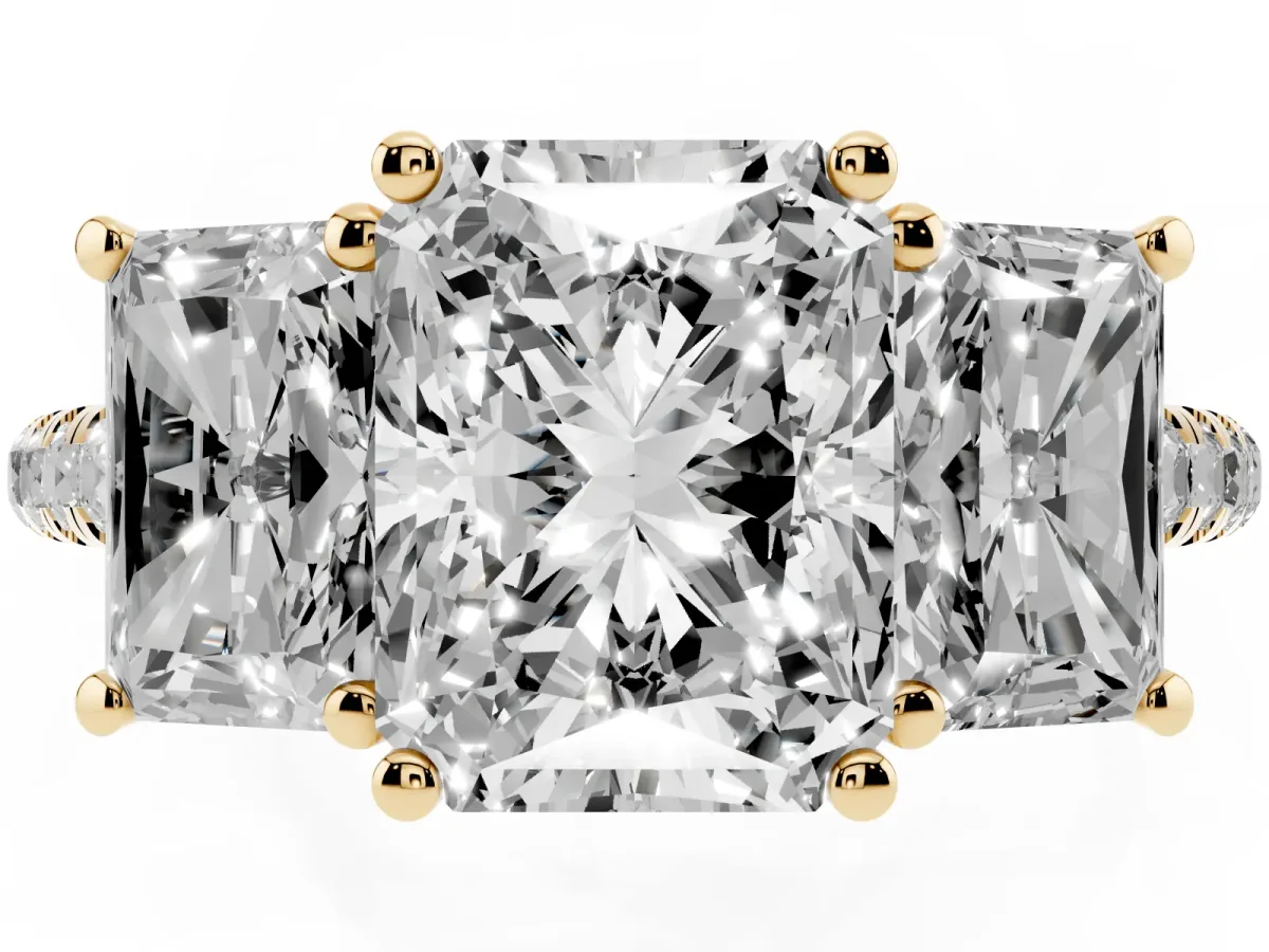 Three-Stone Radiant Cut Diamond Ring with Round Pavé Band and Prong Setting Yellow gold