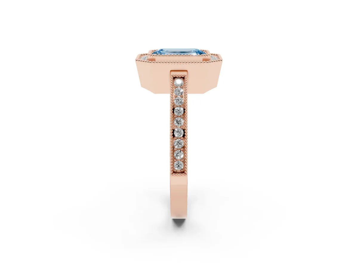 Fancy Blue Emerald Cut Cut Halo Diamond Ring with Pavé Band and Milgrain Prong Setting Rose gold