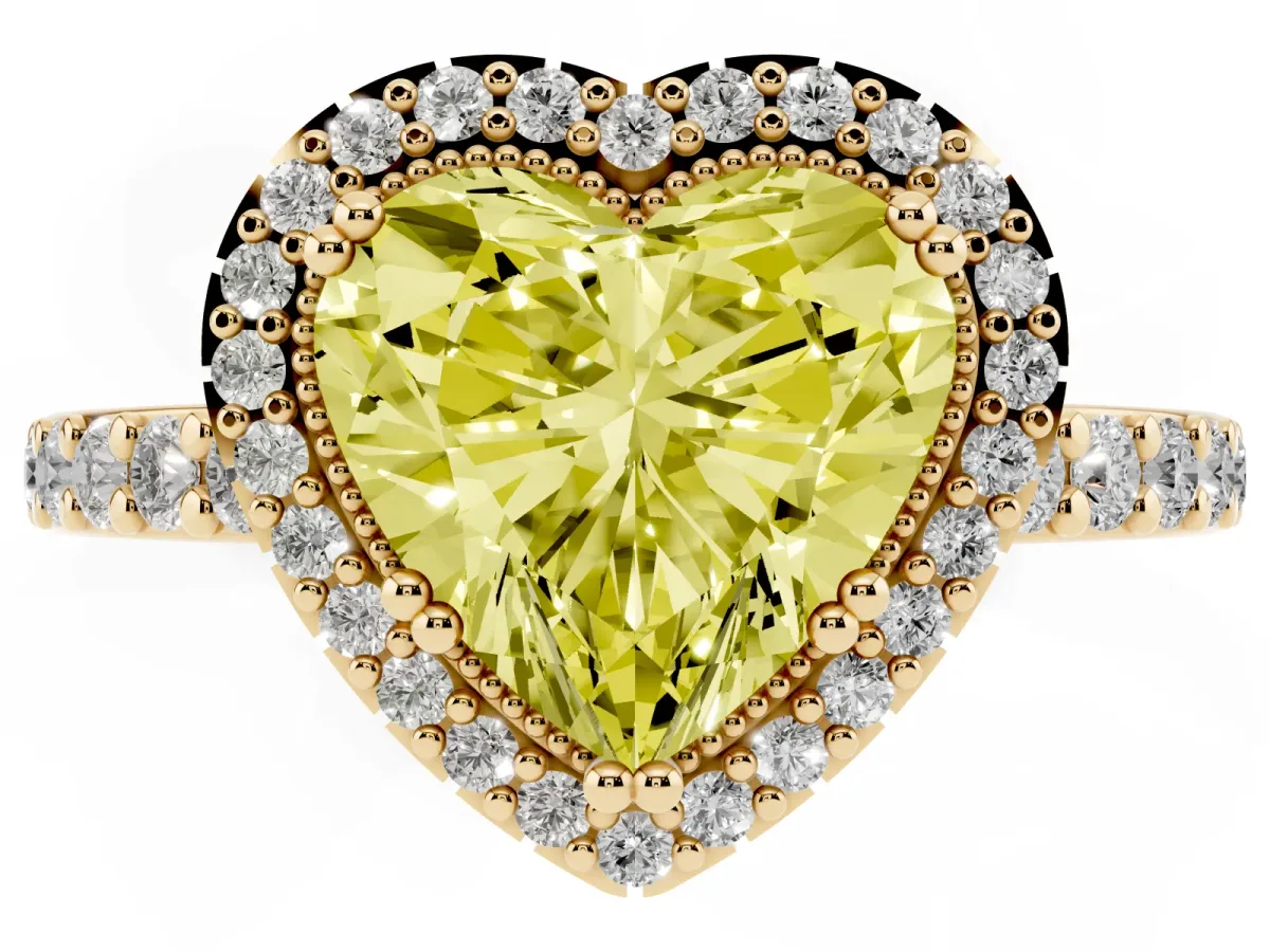 Fancy Yellow Heart Cut Cut Diamond Halo Engagement Ring with Milgrain Detail and Pavé Band Yellow gold