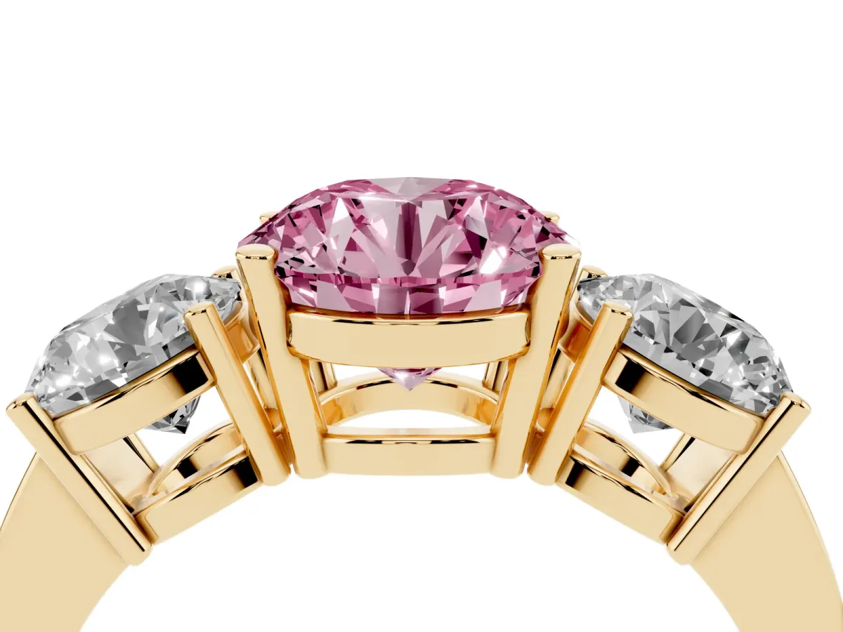 Fancy Pink Three-Stone Round Cut Cut Diamond Engagement Ring with Flat Band and Four-Prong Setting Yellow gold
