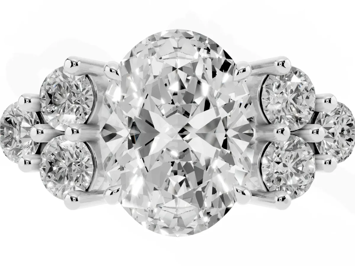 Oval Cut Brilliant Diamond Cluster Accent Solitaire Ring with Prong Setting Platinum