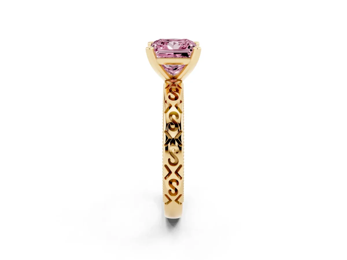 Fancy Pink Princess Cut Solitaire Engagement Ring with Scrollwork Band and Four-Prong Setting Yellow gold