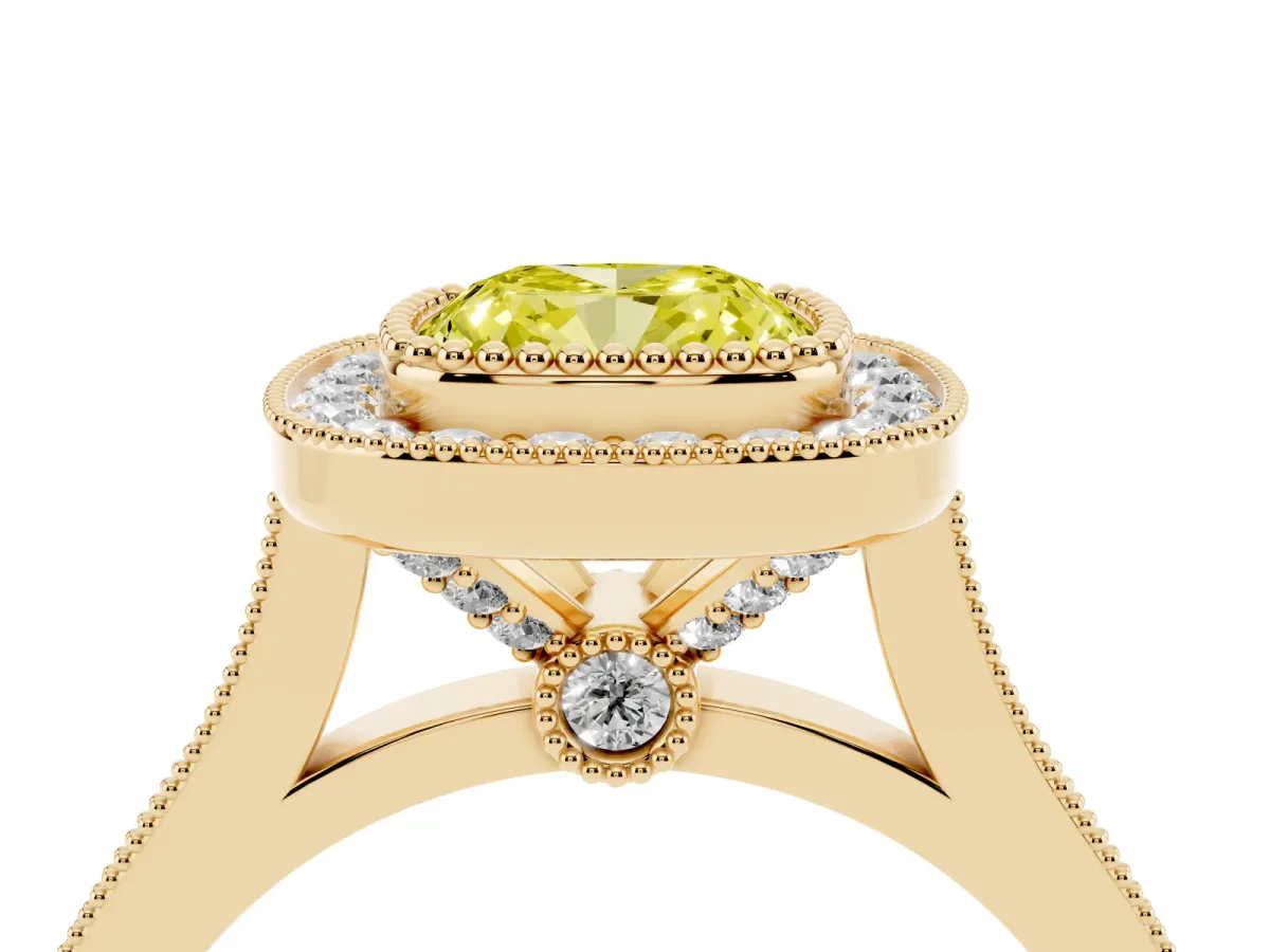 Fancy Yellow Cushion Cut Diamond Halo Ring with Milgrain Frame and Pavé Band Yellow gold