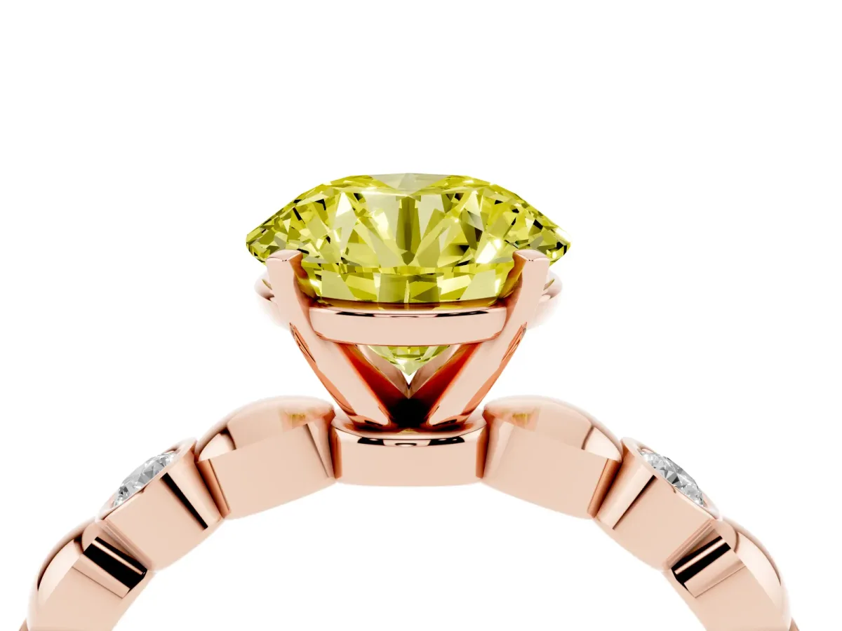 Fancy Yellow Round Cut Solitaire Bezel-Set Diamond Ring with Beaded Band and Four-Prong Setting Rose gold