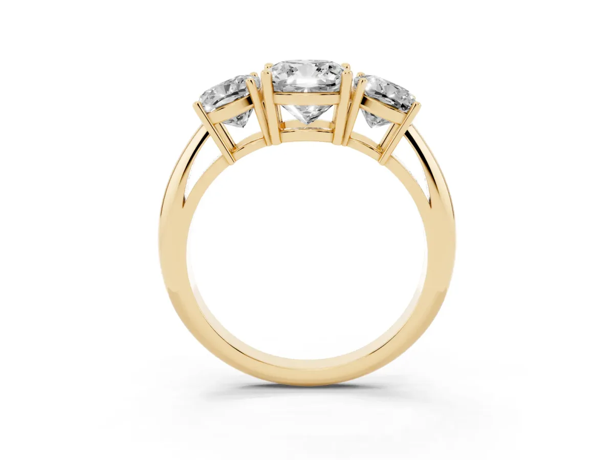 Three-Stone Cushion Cut Cut Diamond Engagement Ring with Prong Setting on a White Gold Band Yellow gold