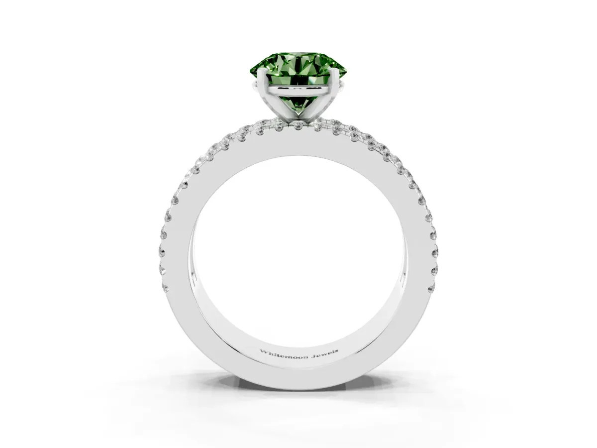Fancy Green Round Cut Diamond Solitaire Ring with Pavé and Channel Set Band Silver