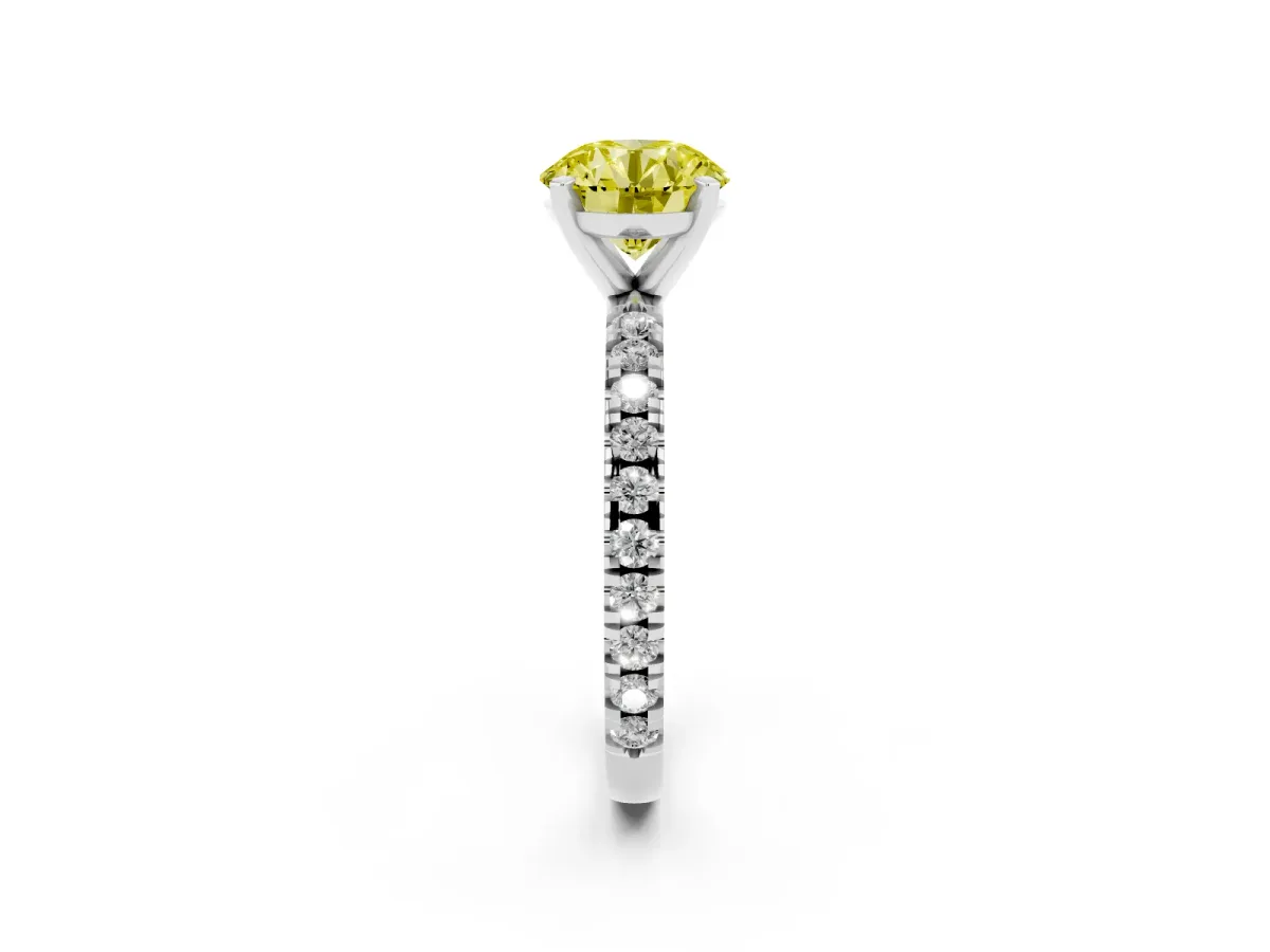 Fancy Yellow Round Cut Diamond Pavé Band Solitaire with Four-Prong Setting Silver