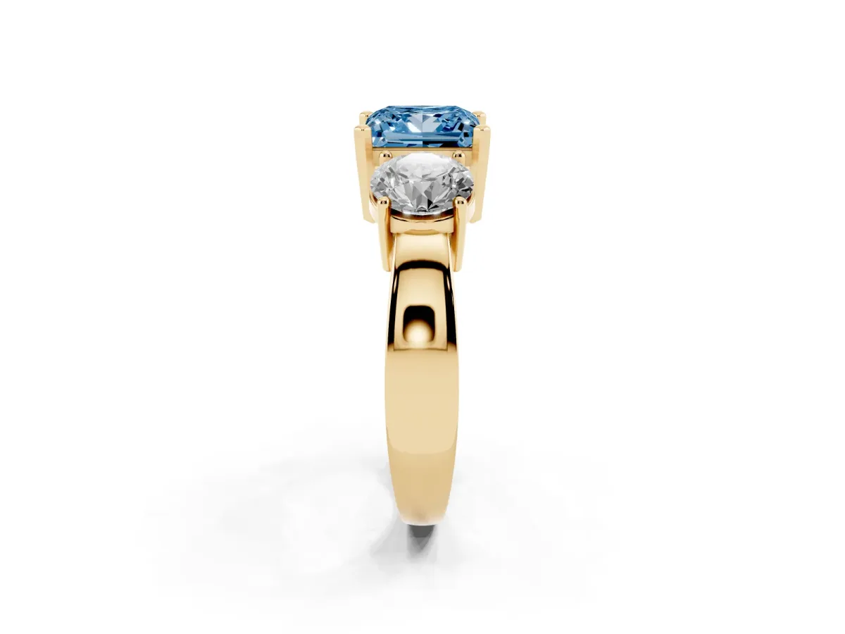 Fancy Blue Three-Stone Princess Cut Diamond Ring with Round Side Stones, Classic Band, and Four-Prong Setting Yellow gold
