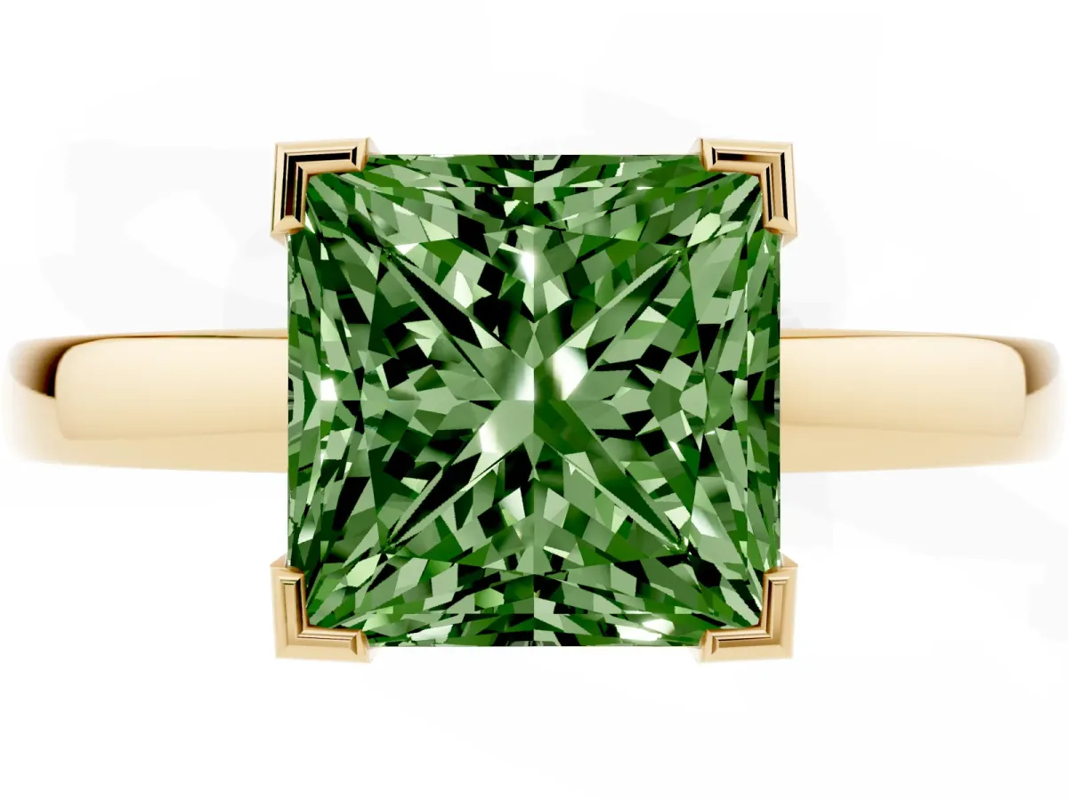 Fancy Green Princess Cut Cut Solitaire Ring with Four-Prong Setting and Classic Band Yellow gold