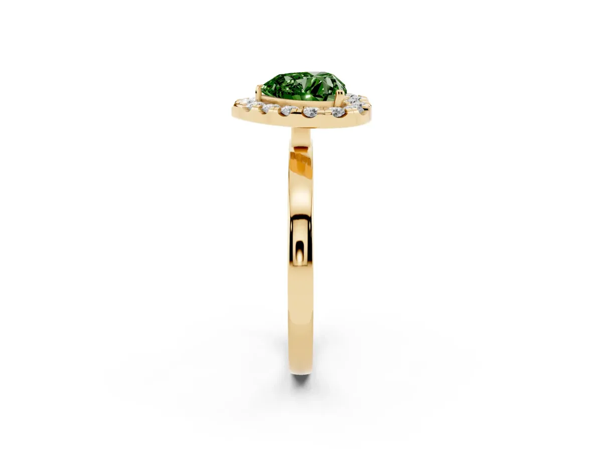 Fancy Green Heart Cut Halo Diamond Solitaire with Pavé Band and Four-Prong Setting Yellow gold