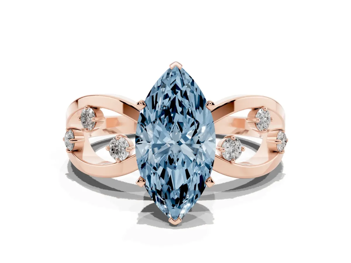 Fancy Blue Marquise Cut Cut Solitaire Diamond with Side Stones on Criss-Cross Band and Four-Prong Setting Rose gold