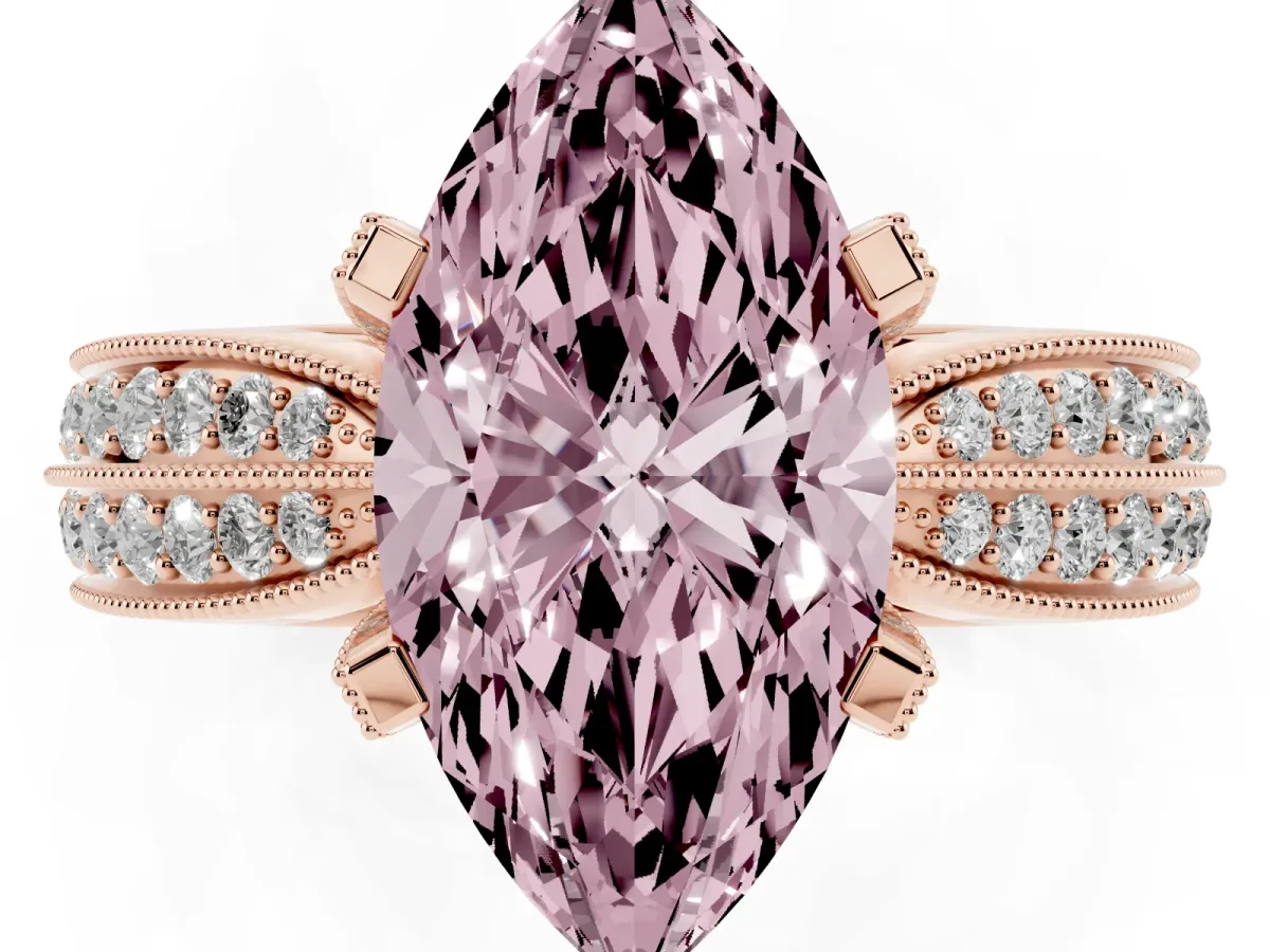 Fancy Pink Marquise Cut Diamond Solitaire Ring with Milgrain Round Pavé Band and Prong Setting Rose gold