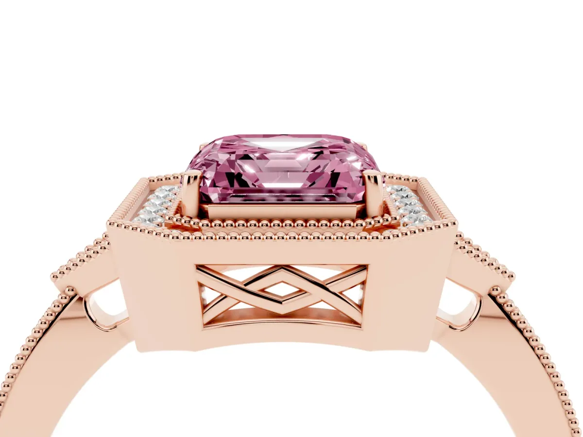 Fancy Pink Asscher Cut Halo Round Diamond Milgrain Pave Engagement Ring Rose gold