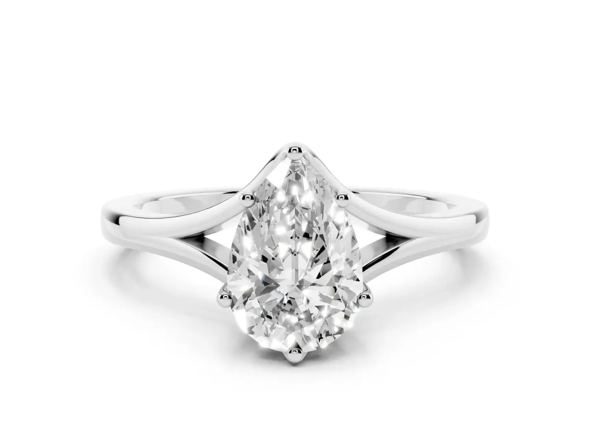 Pear Cut Solitaire Diamond Ring with Six-Prong Setting and Tapered Band Platinum