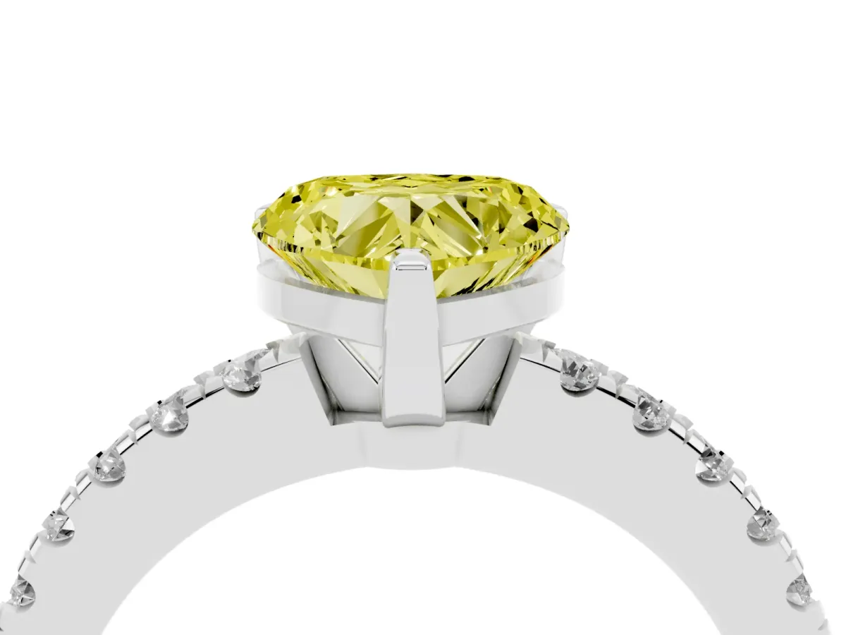 Fancy Yellow Heart Cut Solitaire Diamond with Pavé Band and Four-Prong Setting Silver