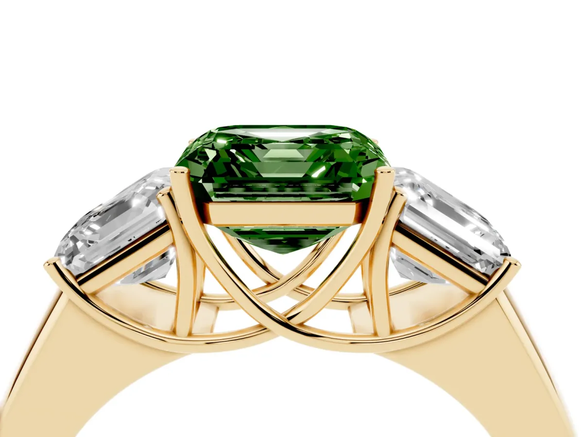 Fancy Green Three-Stone Asscher Cut Cut Diamond Ring with Prong Setting and Classic Band Yellow gold