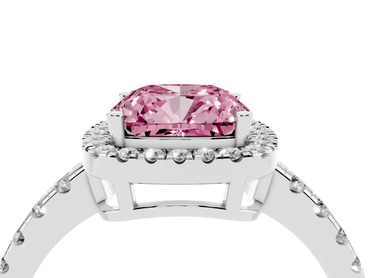Fancy Pink Cushion Cut Diamond Halo Ring with Pavé Band and Four-Prong Setting Platinum