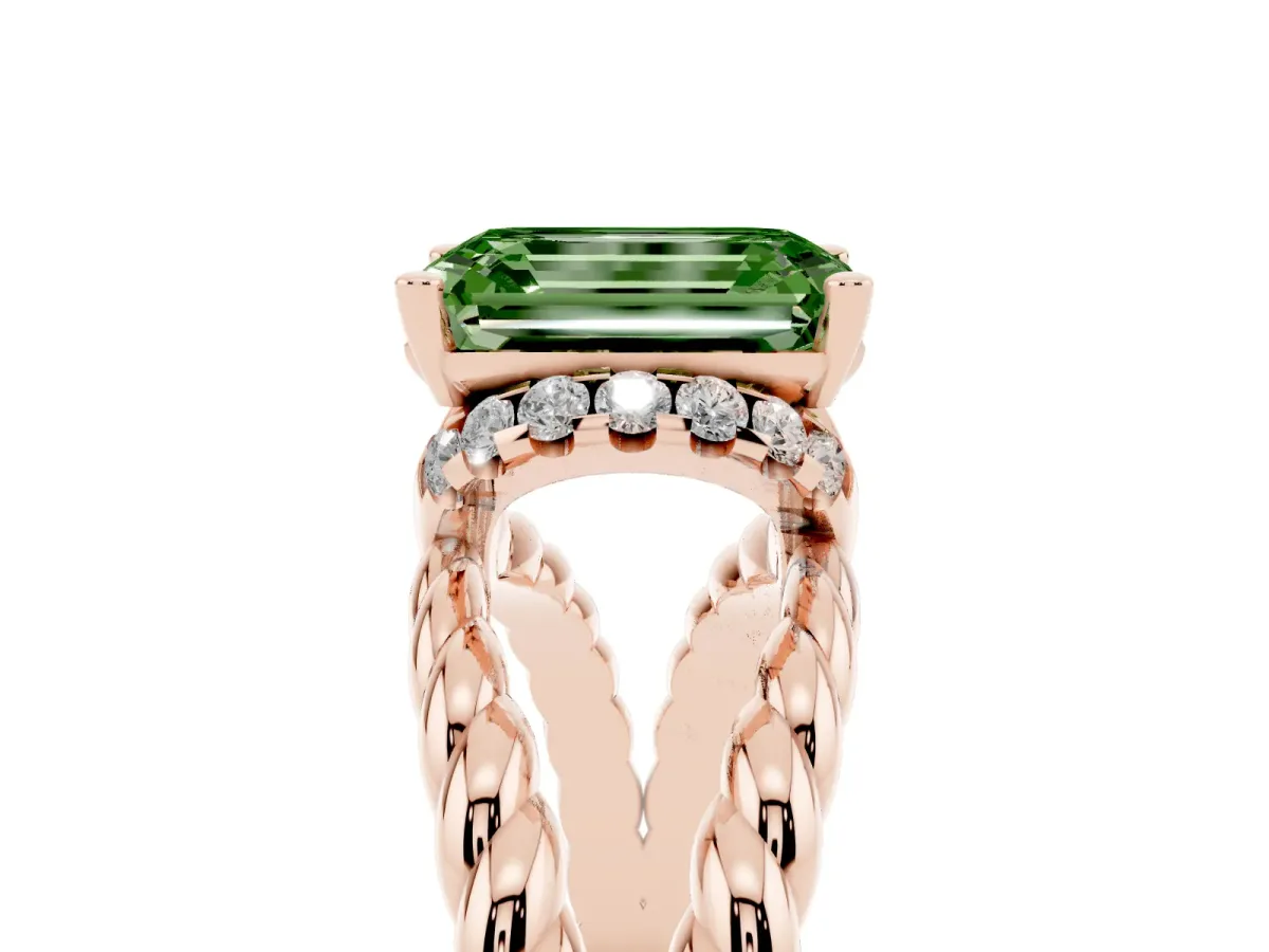 Fancy Green Emerald Cut Halo Twisted Band Four-Prong Ring Rose gold