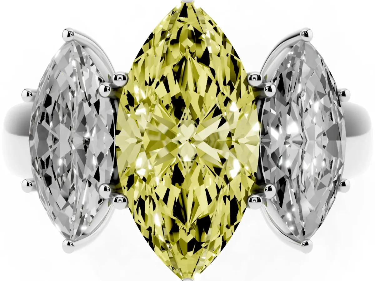 Fancy Yellow Three-Stone Marquise Cut Cut Diamond Ring with Prong Setting and Classic Band Silver
