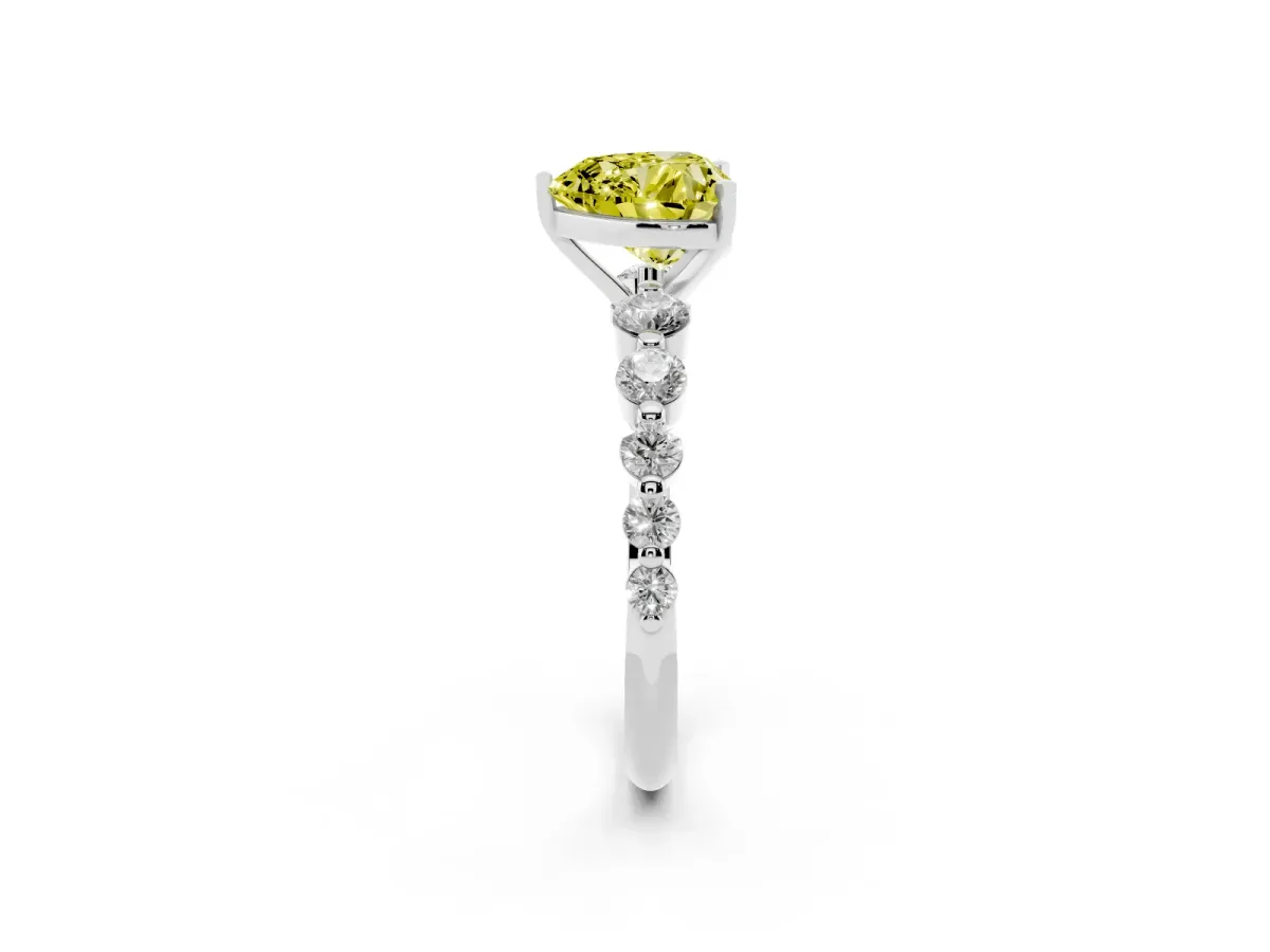 Fancy Yellow Heart Cut Solitaire Diamond Ring with Pave Band and Four-Prong Setting Silver
