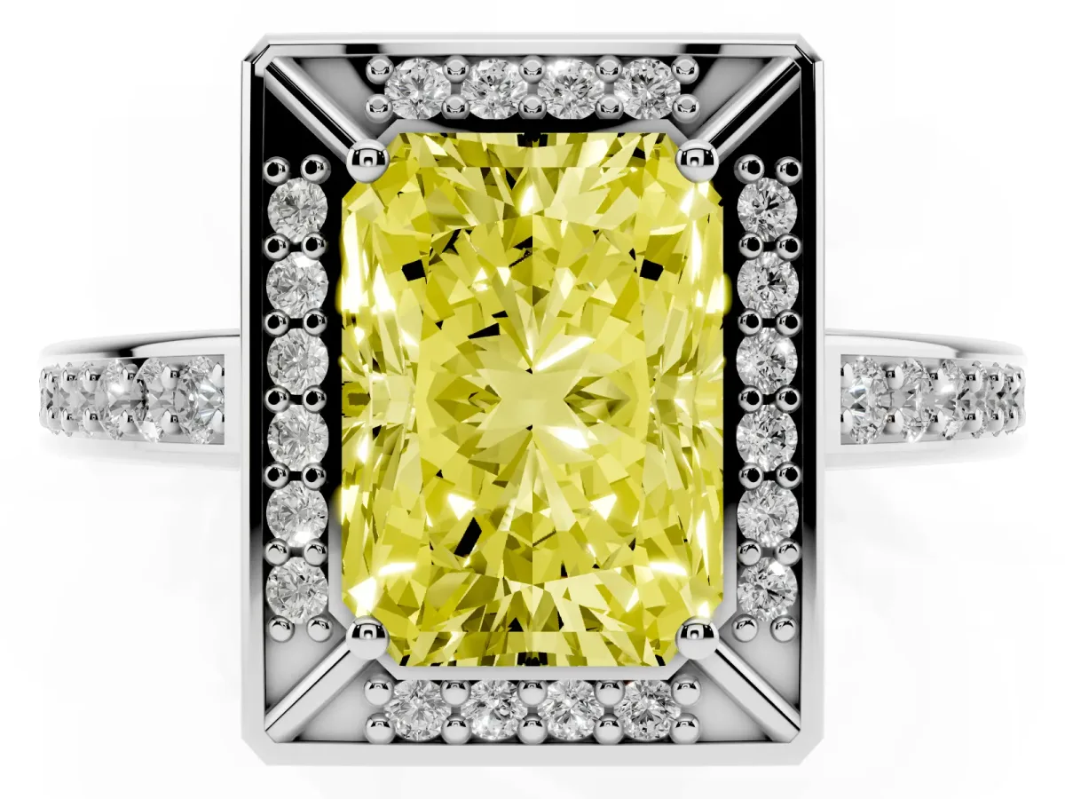 Fancy Yellow Radiant Cut Cut Halo Pave Split Shank Prong Setting Ring Platinum
