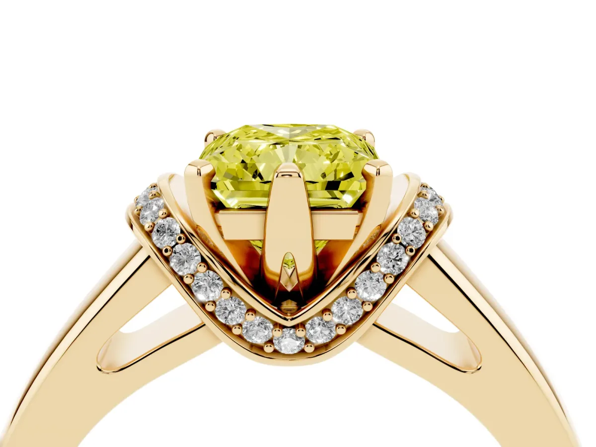 Fancy Yellow Radiant Cut Solitaire Diamond Ring with Pave Band and Six-Prong Setting Yellow gold
