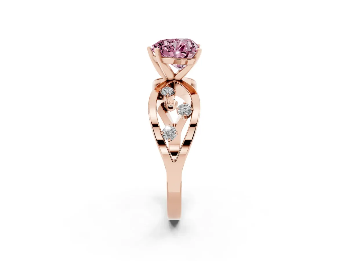 Fancy Pink Heart Cut Cut Solitaire Diamond with Side Stones on Criss-Cross Band and Four-Prong Setting Rose gold