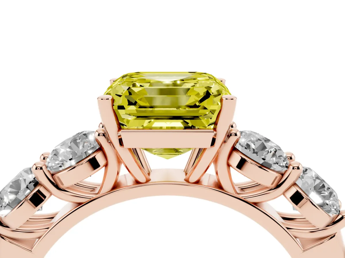 Fancy Yellow Asscher Cut Cut Five-Stone Prong Set Diamond Ring with Classic Band Rose gold