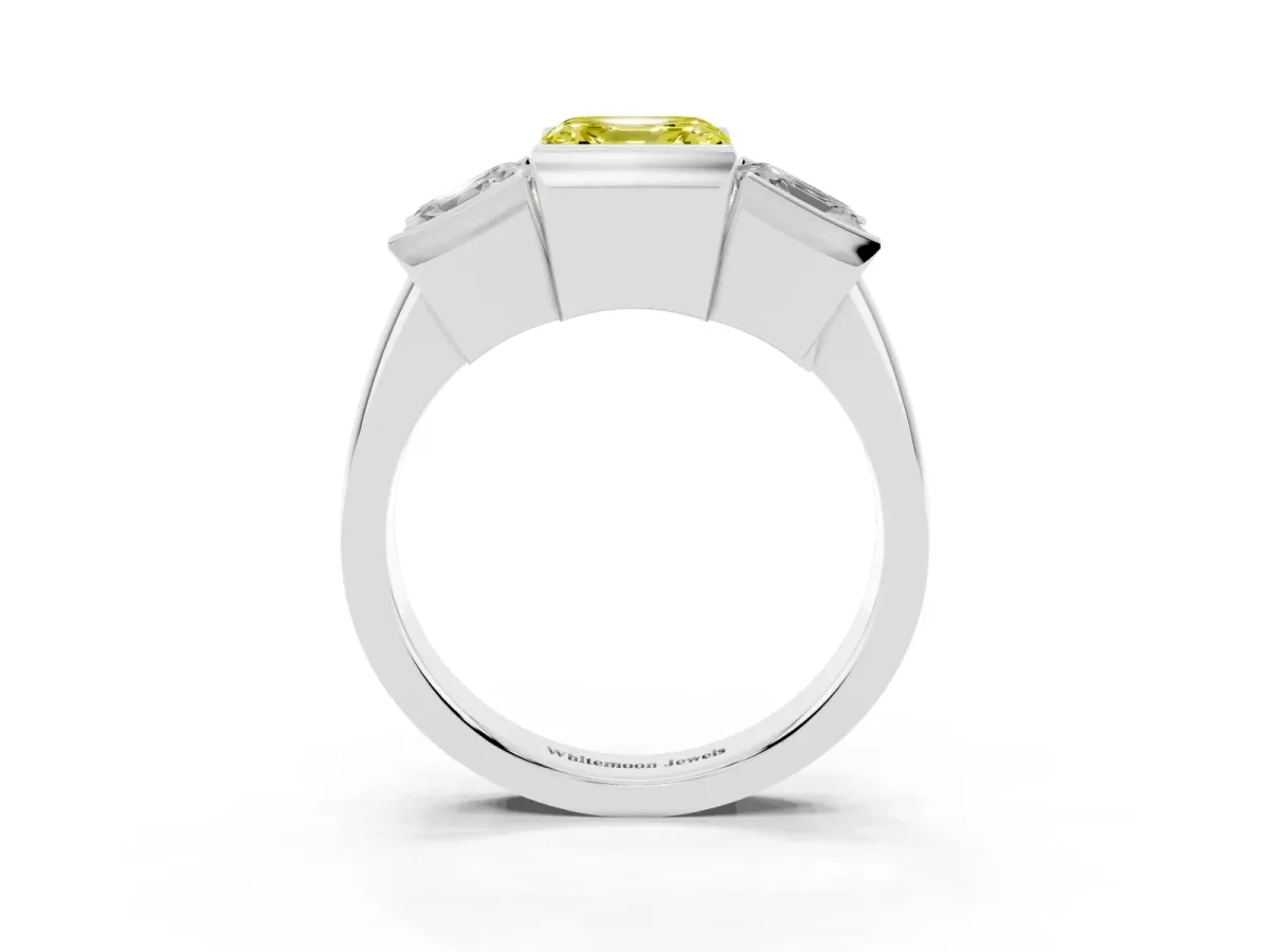 Fancy Yellow Three Stone Asscher Cut Cut Channel Set Diamond Ring Silver