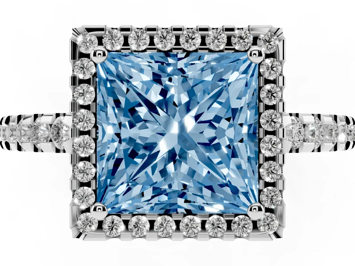 Fancy Blue Princess Cut Diamond Halo Engagement Ring with Pavé Band and Prong Setting Silver