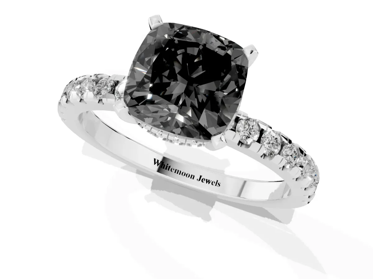 Fancy Black Cushion Cut Diamond Solitaire Ring with Round Pavé Band and Four-Prong Setting Silver