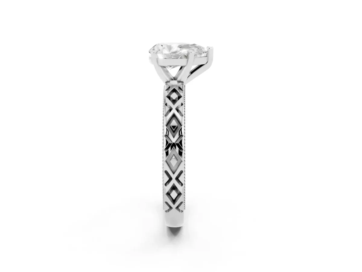 Pear Cut Solitaire Diamond Ring with Milgrain and Black Enamel X Pattern Band Silver
