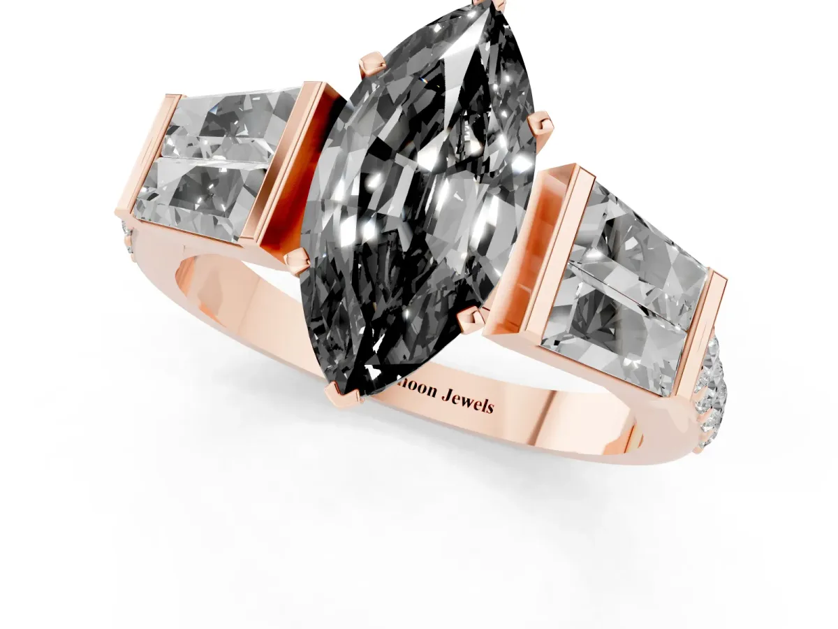 Fancy Black Marquise Cut Diamond Engagement Ring with Baguette Side Stones and Channel Set Band Rose gold