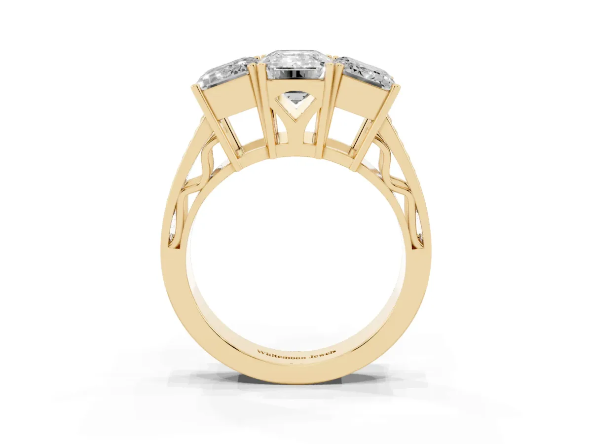 Emerald Cut Diamond Three-Stone Ring with Prong Setting and Textured Band Yellow gold