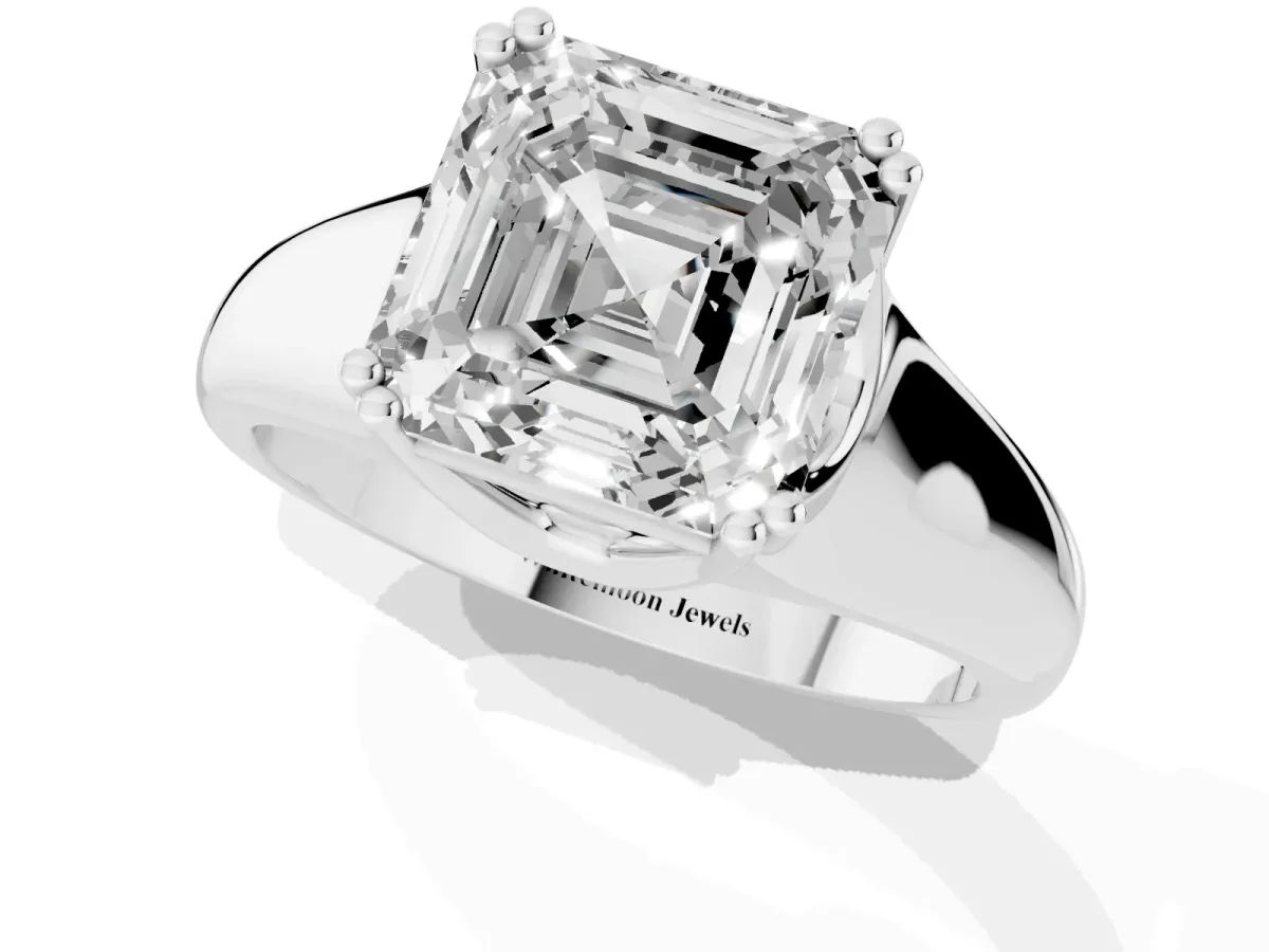 Asscher Cut Diamond Solitaire Ring with Wide Band and Prong Setting Silver