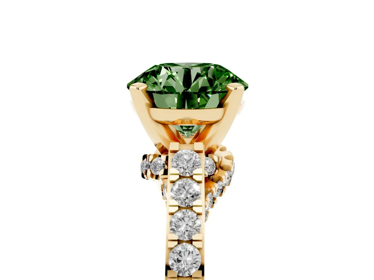 Fancy Green Round Cut Diamond Solitaire Ring with Crossover Gallery and Round Pavé Band Yellow gold