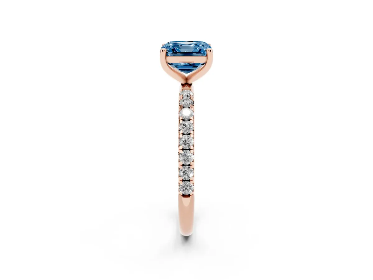Fancy Blue Asscher Cut Cut Diamond Solitaire Ring with Micro Pave Band and Four Prong Setting Rose gold