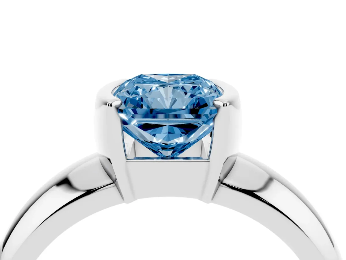 Fancy Blue Radiant Cut Solitaire Tension Set Diamond Ring with Wide Band Silver