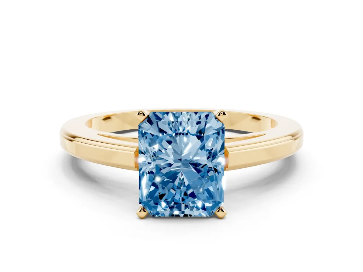 Fancy Blue Radiant Cut Solitaire Diamond Ring with Four-Prong Setting and Classic Band Yellow gold