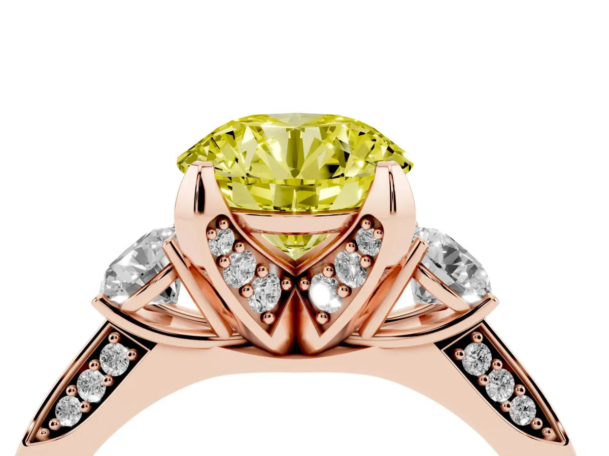 Fancy Yellow Round Cut Brilliant Three-Stone Diamond Ring with Pavé Band and Four-Prong Setting Rose gold