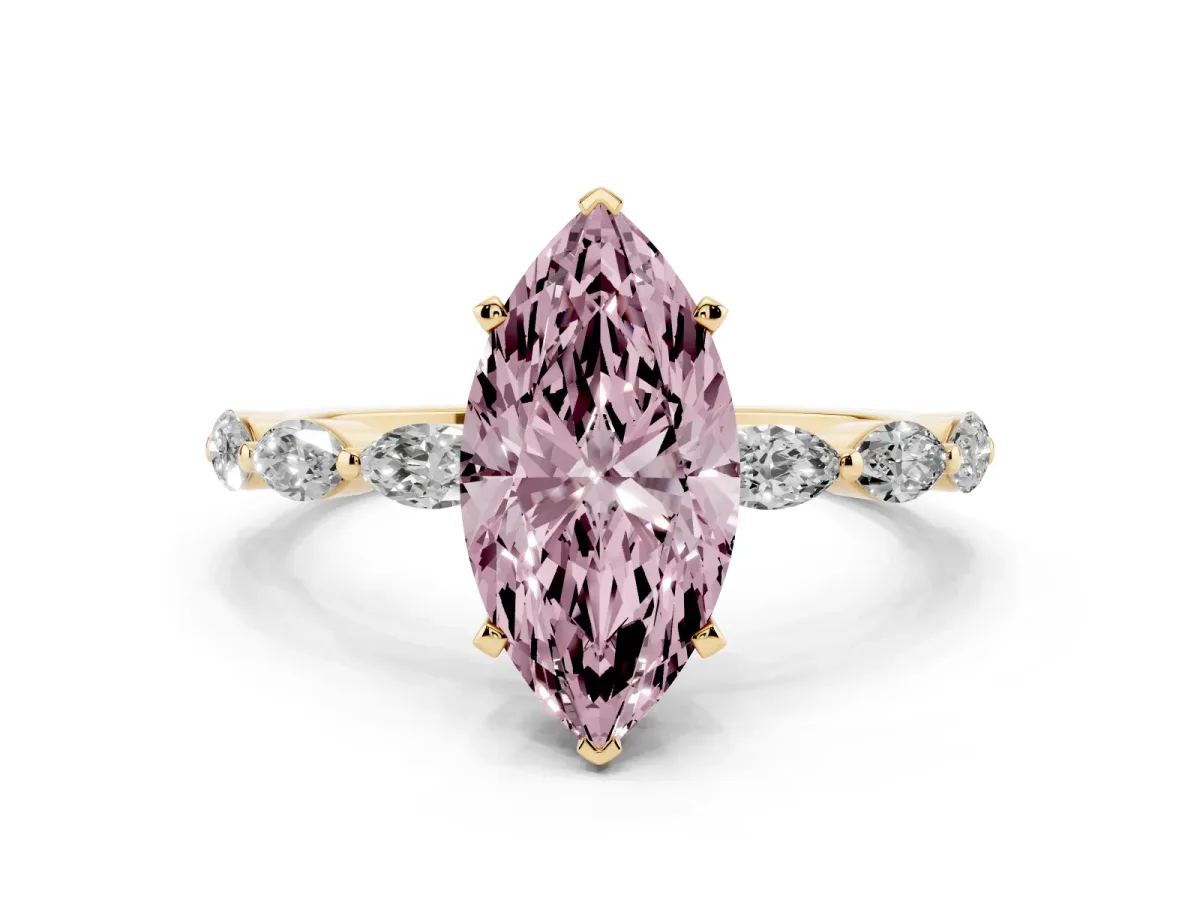 Fancy Pink Marquise Cut Diamond Ring with Marquise Side Stones and Prong Setting Yellow gold