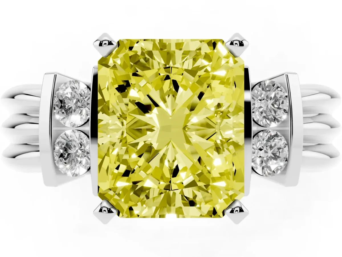 Fancy Yellow Radiant Cut Cut Three-Stone Channel Set Ring with Bar Prongs Silver
